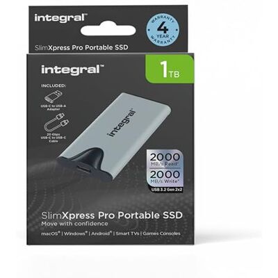 Integral SlimXpress Pro 1TB Externe Portable SSD-Festplatte: USB-C, 2000 MB/s Lesen/Schreiben, USB 3.2 Gen 2x2, Kompaktes, Plug & Play, Kompatibel mit Mac, Windows-PC, Android, Xbox, PlayStation Integral SlimXpress Pro 1TB Externe Portable SSD-Festplatte: USB-C, 2000 MB/s Lesen/Schreiben, USB 3.2 Gen 2x2, Kompaktes, Plug & Play, Kompatibel mit Mac, Windows-PC, Android, Xbox, PlayStation