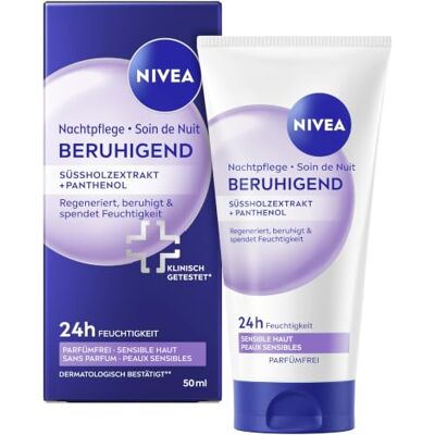 NIVEA Nachtpflege Beruhigend, extra sanfte Gesichtscreme für 24h Feuchtigkeit, beruhigende Nachtcreme mit Süßholzextrakt und Panthenol für sensible Haut (50 ml) NIVEA Nachtpflege Beruhigend, extra sanfte Gesichtscreme für 24h Feuchtigkeit, beruhigende Nachtcreme mit Süßholzextrakt und Panthenol für sensible Haut (50 ml)
