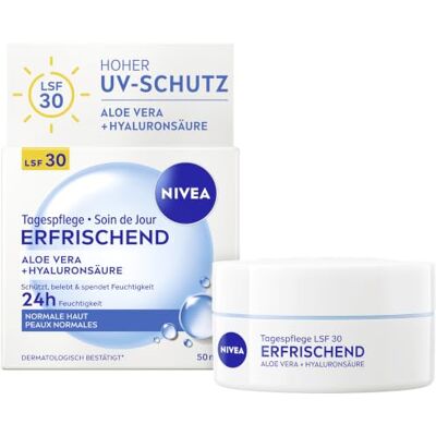 NIVEA Tagespflege Erfrischend, pflegende Gesichtscreme mit Aloe Vera, Hyaluronsäure und LSF 30, feuchtigkeitsspendende Tagescreme für 24h Feuchtigkeit (50 ml) NIVEA Tagespflege Erfrischend, pflegende Gesichtscreme mit Aloe Vera, Hyaluronsäure und LSF 30, feuchtigkeitsspendende Tagescreme für 24h Feuchtigkeit (50 ml)