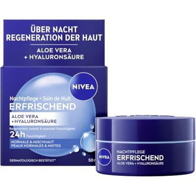 NIVEA Nachtpflege Erfrischend, leichte Nachtpflege mit Aloe Vera und Hyaluronsäure für 24h Feuchtigkeit, regenerierende Nachtcreme für normale Haut und Mischhaut (50 ml) NIVEA Nachtpflege Erfrischend, leichte Nachtpflege mit Aloe Vera und Hyaluronsäure für 24h Feuchtigkeit, regenerierende Nachtcreme für normale Haut und Mischhaut (50 ml)