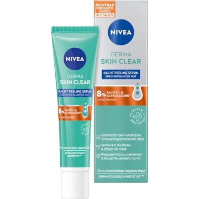 NIVEA Derma Skin Clear Nacht Peeling Serum, Gesichtspflege für ein sichtbar verbessertes Hautbild, porenverfeinerndes Niacinamide Serum Peeling mit AHA & BHA (40 ml) NIVEA Derma Skin Clear Nacht Peeling Serum, Gesichtspflege für ein sichtbar verbessertes Hautbild, porenverfeinerndes Niacinamide Serum Peeling mit AHA & BHA (40 ml)