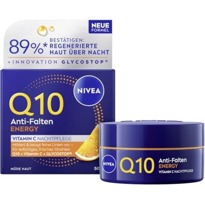 NIVEA Q10 Anti-Falten Nachtcreme, regenerative Gesichtspflege für alle Hauttypen, straffende Nachtpflege mit Q10, Glycostop & Vitamin C, ENERGY Vitamin C Nachtpflege (50 ml) NIVEA Q10 Anti-Falten Nachtcreme, regenerative Gesichtspflege für alle Hauttypen, straffende Nachtpflege mit Q10, Glycostop & Vitamin C, ENERGY Vitamin C Nachtpflege (50 ml)