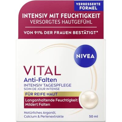 NIVEA VITAL Anti-Falten Intensiv Tagespflege, Gesichtspflege mit Arganöl, Calcium und Perlenextrakten für intensive Feuchtigkeit, Tagescreme für reife Haut (50 ml) NIVEA VITAL Anti-Falten Intensiv Tagespflege, Gesichtspflege mit Arganöl, Calcium und Perlenextrakten für intensive Feuchtigkeit, Tagescreme für reife Haut (50 ml)