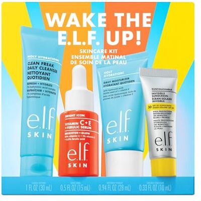 e.l.f. SKIN Wake the Up Skincare Kit, Feuchtigkeitsspendender Gesichtsreiniger in Reisegröße, Sonnenschutz, Feuchtigkeitscreme und aufhellendes Serum, Vegan und tierversuchsfrei e.l.f. SKIN Wake the Up Skincare Kit, Feuchtigkeitsspendender Gesichtsreiniger in Reisegröße, Sonnenschutz, Feuchtigkeitscreme und aufhellendes Serum, Vegan und tierversuchsfrei