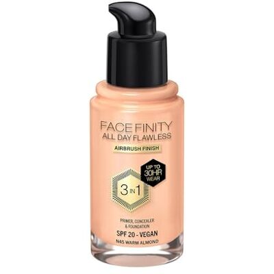 Max Factor , Facefinity All Day Flawless Foundation Concealer, 3-in-1 Liquid Foundation & Gesichtsprimer, vegane Formel, modulare Abdeckung, bis zu 30 Stunden Halt, SPF20-N45 Warm Almond, 30 ml Max Factor , Facefinity All Day Flawless Foundation Concealer, 3-in-1 Liquid Foundation & Gesichtsprimer, vegane Formel, modulare Abdeckung, bis zu 30 Stunden Halt, SPF20-N45 Warm Almond, 30 ml