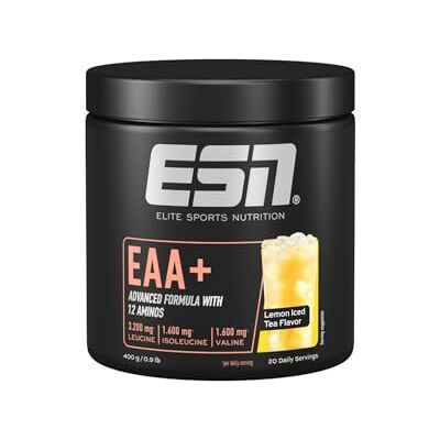 ESN EAA+, Lemon Iced Tea, 400 g, allen 9 EAAs & Vitamin B6 3,2 g Leucin pro Portion, ideale Löslichkeit, vegan made in Germany ESN EAA+, Lemon Iced Tea, 400 g, allen 9 EAAs & Vitamin B6 3,2 g Leucin pro Portion, ideale Löslichkeit, vegan made in Germany
