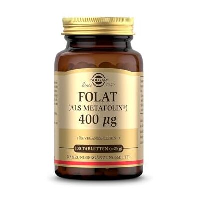 SOLGAR ® Folat (als Metafolin®) 400mcg, auch bekannt als Vitamin B9 Bei Kinderwunsch, Schwangerschaft & Stillzeit und veganer Ernährung 100 vegane Tabletten SOLGAR ® Folat (als Metafolin®) 400mcg, auch bekannt als Vitamin B9 Bei Kinderwunsch, Schwangerschaft & Stillzeit und veganer Ernährung 100 vegane Tabletten