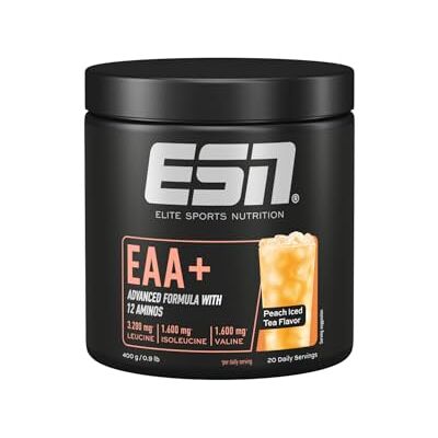 ESN EAA+, Pfirsich Eistee, 400 g, alle 9 ESAAs & Vitamin B6 3,2 g Leucin pro Portion, ideale Löslichkeit, vegan, Made in Germany ESN EAA+, Pfirsich Eistee, 400 g, alle 9 ESAAs & Vitamin B6 3,2 g Leucin pro Portion, ideale Löslichkeit, vegan, Made in Germany