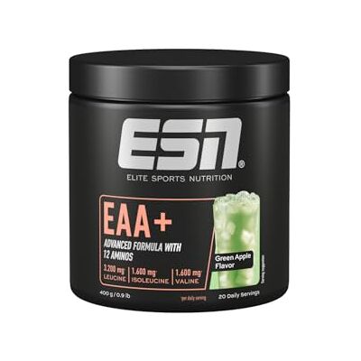 ESN EAA+, Green Apple, 400 g, allen 9 EAAs & Vitamin B6 3,2 g Leucin pro Portion, ideale Löslichkeit, vegan made in Germany ESN EAA+, Green Apple, 400 g, allen 9 EAAs & Vitamin B6 3,2 g Leucin pro Portion, ideale Löslichkeit, vegan made in Germany
