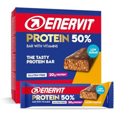 ENERVIT Protein Bar 50% Salted Caramel – Eiweißriegel mit 20g Protein, Vitamin D und B6, Low Sugar, Salted-Caramel-Geschmack, für die Regeneration nach dem Sport, Glutenfrei, 12 Riegel à 40 g ENERVIT Protein Bar 50% Salted Caramel – Eiweißriegel mit 20g Protein, Vitamin D und B6, Low Sugar, Salted-Caramel-Geschmack, für die Regeneration nach dem Sport, Glutenfrei, 12 Riegel à 40 g