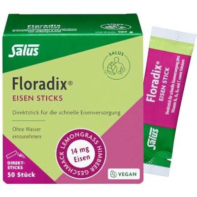 Salus Floradix Eisen Sticks 50 Stück Eisen-Sticks to go mit B-Vitaminen, Vitamin C und Folsäure, Eisen trägt tragen zur Verringerung von Müdigkeit bei, vegan Salus Floradix Eisen Sticks 50 Stück Eisen-Sticks to go mit B-Vitaminen, Vitamin C und Folsäure, Eisen trägt tragen zur Verringerung von Müdigkeit bei, vegan