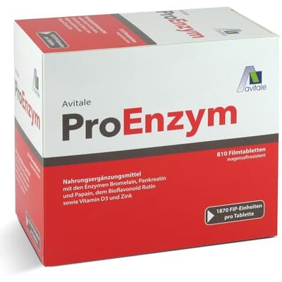 Avitale ProEnzym, magensaftresistende Filmtabletten mit Enzymen, 810 Stück Mit den eiweißspaltenden Enzymen Bromelain, Pankreatin, Papain, dem Bioflavonoid Rutin, Vitamin D3 + Zink, 1870 FIP-Einheiten Avitale ProEnzym, magensaftresistende Filmtabletten mit Enzymen, 810 Stück Mit den eiweißspaltenden Enzymen Bromelain, Pankreatin, Papain, dem Bioflavonoid Rutin, Vitamin D3 + Zink, 1870 FIP-Einheiten