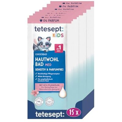 tetesept Kids Hautwohl Bad med, Badezusatz mit Mandelöl, 15 x 25 ml Medizinisches Pflegebad bei Neurodermitis geeignet, 0% Parfüm, Badezusatz für Kinder ab 1 Jahr, vegan, mikroplastikfrei tetesept Kids Hautwohl Bad med, Badezusatz mit Mandelöl, 15 x 25 ml Medizinisches Pflegebad bei Neurodermitis geeignet, 0% Parfüm, Badezusatz für Kinder ab 1 Jahr, vegan, mikroplastikfrei