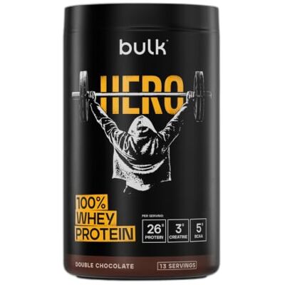 Bulk Hero Whey Protein Powder Double Chocolate 13 Servings 26g Protein + 3g Creatine 5g BCAAs Low Sugar Fast Absorption Isolate, Hydrolysed & Concentrate Blend Bulk Hero Whey Protein Powder Double Chocolate 13 Servings 26g Protein + 3g Creatine 5g BCAAs Low Sugar Fast Absorption Isolate, Hydrolysed & Concentrate Blend