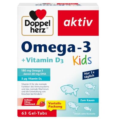 Doppelherz Omega-3 + Vitamin D3 Kids mit Erdbeer-Citrusgeschmack Vitamin D wird für ein gesundes Wachstum & eine gesunde Entwicklung der Knochen bei Kindern benötigt 63 Gel-Tabs Doppelherz Omega-3 + Vitamin D3 Kids mit Erdbeer-Citrusgeschmack Vitamin D wird für ein gesundes Wachstum & eine gesunde Entwicklung der Knochen bei Kindern benötigt 63 Gel-Tabs