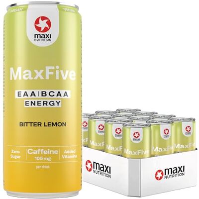MaxiNutrition MaxFive Vegan 5 g EAA / 3 g BCAA Drink (2:1:1) Bitter Lemon, 12 x 330 ml Disposable Containers Vegan Refreshment with Aminos from Corn MaxiNutrition MaxFive Vegan 5 g EAA / 3 g BCAA Drink (2:1:1) Bitter Lemon, 12 x 330 ml Disposable Containers Vegan Refreshment with Aminos from Corn