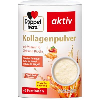 Doppelherz Kollagenpulver Pfirsich-Eistee mit Vitamin C, Zink und Biotin, 5000 mg Kollagenhydrolysat je 7,5 g Pulver 40 Portionen Doppelherz Kollagenpulver Pfirsich-Eistee mit Vitamin C, Zink und Biotin, 5000 mg Kollagenhydrolysat je 7,5 g Pulver 40 Portionen