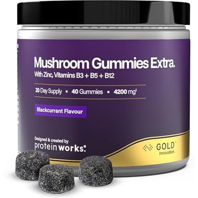 THE PROTEIN WORKS Protein Works Mushroom Gummies Gold, Johannisbeere, 40 Gummibärchen Vitalpilze Komplex, Lion's Mane, Reishi, Cordyceps, Chaga, Tremella, Maitake, Zink, Vitamin B3, B5 & B12, Vegane THE PROTEIN WORKS Protein Works Mushroom Gummies Gold, Johannisbeere, 40 Gummibärchen Vitalpilze Komplex, Lion's Mane, Reishi, Cordyceps, Chaga, Tremella, Maitake, Zink, Vitamin B3, B5 & B12, Vegane