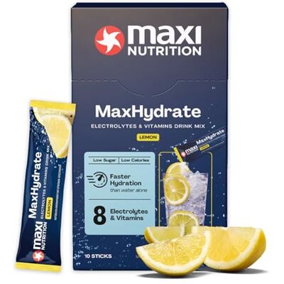 MaxiNutrition MaxNutrition MaxHydrate Classic Elektrolyte Pulver, 10 Sticks mit 1.389 mg Elektrolyten, Isotonisches Getränkepulver zur besseren Flüssigkeitsversorgung des Körpers, Lemon Lime, Vitamin Drink MaxiNutrition MaxNutrition MaxHydrate Classic Elektrolyte Pulver, 10 Sticks mit 1.389 mg Elektrolyten, Isotonisches Getränkepulver zur besseren Flüssigkeitsversorgung des Körpers, Lemon Lime, Vitamin Drink