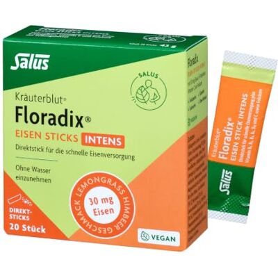 Salus Floradix Eisen Sticks Intens 30mg, 20 Sticks to go Schnell verfügbares Eisen, B-Vitamine, Vitamin C und Folsäure bei erhöhtem Eisenbedarf, Lemongras Himbeer Geschmack, vegan Salus Floradix Eisen Sticks Intens 30mg, 20 Sticks to go Schnell verfügbares Eisen, B-Vitamine, Vitamin C und Folsäure bei erhöhtem Eisenbedarf, Lemongras Himbeer Geschmack, vegan