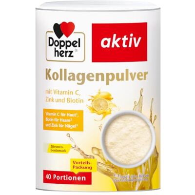 Doppelherz Kollagenpulver Zitrone mit Vitamin C, Zink und Biotin, 5000 mg Kollagenhydrolysat je 7,5 g Pulver, 40 Portionen Doppelherz Kollagenpulver Zitrone mit Vitamin C, Zink und Biotin, 5000 mg Kollagenhydrolysat je 7,5 g Pulver, 40 Portionen