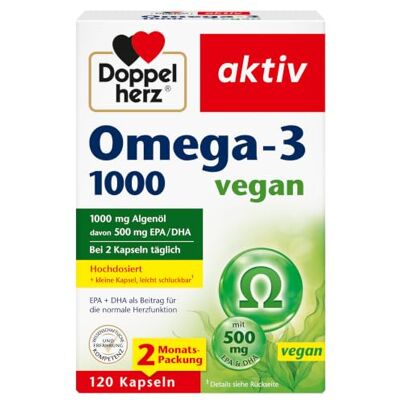 Doppelherz Omega-3 1000 vegan Hochdosierte Omega-3-Fettsäuren EPA und DHA aus pflanzlichem Algenöl 120 kleine, leicht schluckbare Kapseln Doppelherz Omega-3 1000 vegan Hochdosierte Omega-3-Fettsäuren EPA und DHA aus pflanzlichem Algenöl 120 kleine, leicht schluckbare Kapseln