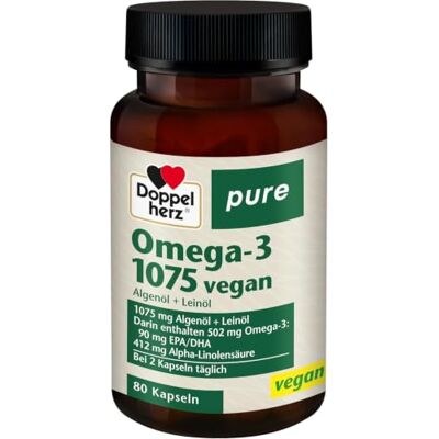 Doppelherz pure Omega-3 1075 vegan Algenöl und Leinöl Alpha-Linolensäure trägt zum Erhalt eines normalen Cholesterinspiegels bei 80 Kapseln Doppelherz pure Omega-3 1075 vegan Algenöl und Leinöl Alpha-Linolensäure trägt zum Erhalt eines normalen Cholesterinspiegels bei 80 Kapseln