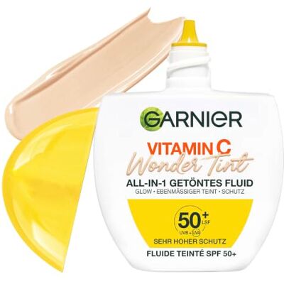 Garnier Vitamin C Wonder Tint Getöntes Fluid LSF 50+ Hell, 40 ml Mit 5% Glycerin, Niacinamid und Vitamin C, LSF 50+, mildert dunkle Flecken, Wonder Tint Garnier Vitamin C Wonder Tint Getöntes Fluid LSF 50+ Hell, 40 ml Mit 5% Glycerin, Niacinamid und Vitamin C, LSF 50+, mildert dunkle Flecken, Wonder Tint