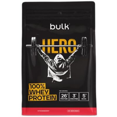 Bulk Hero Whey Protein Powder Strawberry 65 Servings 26g Protein + 3g Creatine 5g BCAAs Low Sugar Fast Absorption Isolate, Hydrolysed & Concentrate Blend Bulk Hero Whey Protein Powder Strawberry 65 Servings 26g Protein + 3g Creatine 5g BCAAs Low Sugar Fast Absorption Isolate, Hydrolysed & Concentrate Blend