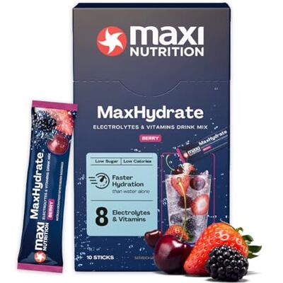 MaxiNutrition MaxNutrition MaxHydrate Classic Elektrolyte Pulver, 10 Sticks mit 1.389 mg Elektrolyten, Isotonisches Getränkepulver zur besseren Flüssigkeitsversorgung des Körpers, Berry, Vitamin Drink MaxiNutrition MaxNutrition MaxHydrate Classic Elektrolyte Pulver, 10 Sticks mit 1.389 mg Elektrolyten, Isotonisches Getränkepulver zur besseren Flüssigkeitsversorgung des Körpers, Berry, Vitamin Drink