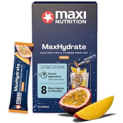 MaxiNutrition MaxNutrition MaxHydrate Classic Elektrolyte Pulver, 10 Sticks mit 1.389 mg Elektrolyten, Isotonisches Getränkepulver zur besseren Flüssigkeitsversorgung des Körpers, Tropic, Vitamin Drink MaxiNutrition MaxNutrition MaxHydrate Classic Elektrolyte Pulver, 10 Sticks mit 1.389 mg Elektrolyten, Isotonisches Getränkepulver zur besseren Flüssigkeitsversorgung des Körpers, Tropic, Vitamin Drink