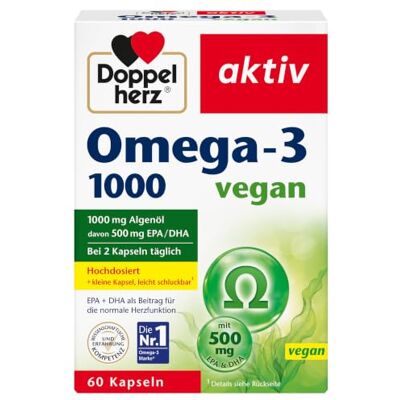Doppelherz Omega-3 1000 vegan Hochdosierte Omega-3-Fettsäuren EPA und DHA aus pflanzlichem Algenöl 60 kleine, leicht schluckbare Kapseln Doppelherz Omega-3 1000 vegan Hochdosierte Omega-3-Fettsäuren EPA und DHA aus pflanzlichem Algenöl 60 kleine, leicht schluckbare Kapseln
