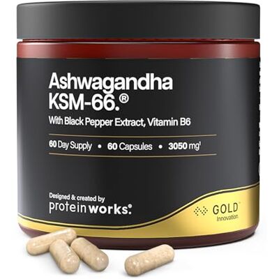 THE PROTEIN WORKS Protein Works Ashwagandha KSM-66 Gold, 3000mg, 60 Kapseln Mit Schwarzem Pfeffer & Vitamin B6, Hochdosiert Premium-Formulierung, Bio KSM-66 Ashwagandha-Wurzelextrakt 250mg, Vegan THE PROTEIN WORKS Protein Works Ashwagandha KSM-66 Gold, 3000mg, 60 Kapseln Mit Schwarzem Pfeffer & Vitamin B6, Hochdosiert Premium-Formulierung, Bio KSM-66 Ashwagandha-Wurzelextrakt 250mg, Vegan