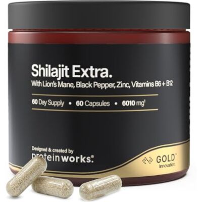 THE PROTEIN WORKS Protein Works Shilajit Extra Gold, 60 Kapseln Lion’s Mane, schwarzem Pfeffer, Vitamin B12 & B6, Zink, hochdosiertes Himalaya-Shilajit, Fokus, Energie & Immunsystem, Vegan THE PROTEIN WORKS Protein Works Shilajit Extra Gold, 60 Kapseln Lion’s Mane, schwarzem Pfeffer, Vitamin B12 & B6, Zink, hochdosiertes Himalaya-Shilajit, Fokus, Energie & Immunsystem, Vegan