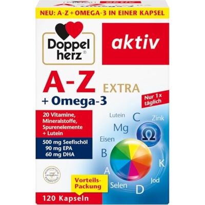 Doppelherz A-Z + Omega-3 Extra 20 Vitamine, Mineralstoffe & Spurenelemente + Omega-3 + Lutein Nur 1 Kapsel täglich 120 Kapseln Doppelherz A-Z + Omega-3 Extra 20 Vitamine, Mineralstoffe & Spurenelemente + Omega-3 + Lutein Nur 1 Kapsel täglich 120 Kapseln