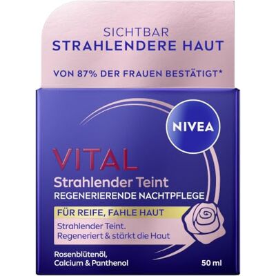 NIVEA VITAL Strahlender Teint Regenerierende Nachtpflege, Gesichtspflege mit Rosenblütenöl, Calcium & Panthenol, faltenmildernde Nachtcreme für reife Haut (50 ml) NIVEA VITAL Strahlender Teint Regenerierende Nachtpflege, Gesichtspflege mit Rosenblütenöl, Calcium & Panthenol, faltenmildernde Nachtcreme für reife Haut (50 ml)