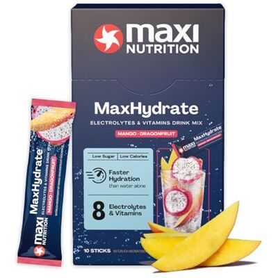 MaxiNutrition MaxNutrition MaxHydrate Classic Elektrolyte Pulver, 10 Sticks mit 1.389 mg Elektrolyten, Isotonisches Getränkepulver zur besseren Flüssigkeitsversorgung des Körpers, Mango Dragonfruit, Vitamin Drink MaxiNutrition MaxNutrition MaxHydrate Classic Elektrolyte Pulver, 10 Sticks mit 1.389 mg Elektrolyten, Isotonisches Getränkepulver zur besseren Flüssigkeitsversorgung des Körpers, Mango Dragonfruit, Vitamin Drink