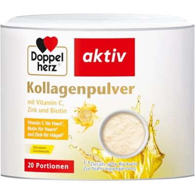 Doppelherz Kollagenpulver Zitrone mit Vitamin C, Zink und Biotin, 5000 mg Kollagenhydrolysat je 7,5 g Pulver, 20 Portionen Doppelherz Kollagenpulver Zitrone mit Vitamin C, Zink und Biotin, 5000 mg Kollagenhydrolysat je 7,5 g Pulver, 20 Portionen