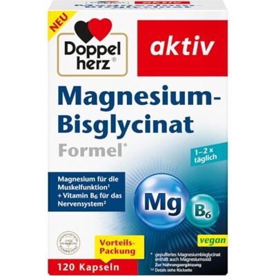 Doppelherz Magnesium-Bisglycinat Formel* *gepuffertes Magnesiumbisglycinat enthält auch Magnesiumoxid Plus Vitamin B6 120 Kapseln Doppelherz Magnesium-Bisglycinat Formel* *gepuffertes Magnesiumbisglycinat enthält auch Magnesiumoxid Plus Vitamin B6 120 Kapseln
