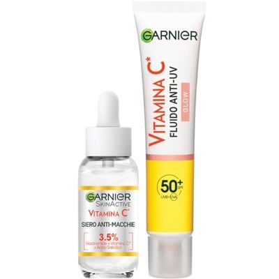 Garnier Kit SkinActive Aufhellendes und aufpolsterndes Serum gegen Flecken mit Vitamin C und täglichem UV-Schutzflüssigkeit gegen Flecken, Glow-Effekt mit LSF 50+, gleichmäßige und strahlende Haut, 30 Garnier Kit SkinActive Aufhellendes und aufpolsterndes Serum gegen Flecken mit Vitamin C und täglichem UV-Schutzflüssigkeit gegen Flecken, Glow-Effekt mit LSF 50+, gleichmäßige und strahlende Haut, 30
