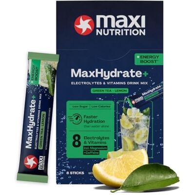 MaxiNutrition MaxNutrition MaxHydrate+ Energy Elektrolyte 8 Sticks mit 1.454 mg Elektrolyten & 100mg Koffein, Isotonisches Getränkepulver zur besseren Versorgung mit Flüssigkeit, Green Tea Lemon, Vitamin Drink MaxiNutrition MaxNutrition MaxHydrate+ Energy Elektrolyte 8 Sticks mit 1.454 mg Elektrolyten & 100mg Koffein, Isotonisches Getränkepulver zur besseren Versorgung mit Flüssigkeit, Green Tea Lemon, Vitamin Drink