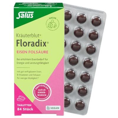 Salus Kräuterblut Floradix Eisen Folsäure Tabletten, 84 Stück Nahrungsergänzungsmittel bei erhöhtem Eisenbedarf mit gut verfügbarem Eisen(II)-gluconat, B-Vitaminen und Folsäure, vegan Salus Kräuterblut Floradix Eisen Folsäure Tabletten, 84 Stück Nahrungsergänzungsmittel bei erhöhtem Eisenbedarf mit gut verfügbarem Eisen(II)-gluconat, B-Vitaminen und Folsäure, vegan
