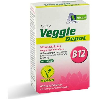 Avitale Veggie Depot Vitamin B12 + Magnesium + Folsäure, 60 Tabletten Ideale Ergänzung einer veganen / vegetarischen Ernährung. Depot-Tabletten mit verlängerter Wirkstoffabgabe, Vegan (V-Label) Avitale Veggie Depot Vitamin B12 + Magnesium + Folsäure, 60 Tabletten Ideale Ergänzung einer veganen / vegetarischen Ernährung. Depot-Tabletten mit verlängerter Wirkstoffabgabe, Vegan (V-Label)