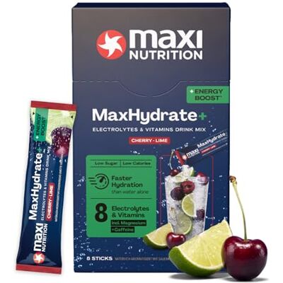 MaxiNutrition MaxNutrition MaxHydrate+ Energy Elektrolyte 8 Sticks mit 1.454 mg Elektrolyten & 100mg Koffein, Isotonisches Getränkepulver zur besseren Versorgung mit Flüssigkeit, Cherry Lime, Vitamin Drink MaxiNutrition MaxNutrition MaxHydrate+ Energy Elektrolyte 8 Sticks mit 1.454 mg Elektrolyten & 100mg Koffein, Isotonisches Getränkepulver zur besseren Versorgung mit Flüssigkeit, Cherry Lime, Vitamin Drink