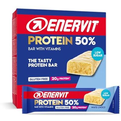 ENERVIT Protein Bar 50% White Choco – Eiweißriegel mit 20g Protein, Vitamin D und B6, Low Sugar, weißer Schokoladengeschmack, für die Regeneration nach dem Sport, Glutenfrei, 12 Riegel à 40 g ENERVIT Protein Bar 50% White Choco – Eiweißriegel mit 20g Protein, Vitamin D und B6, Low Sugar, weißer Schokoladengeschmack, für die Regeneration nach dem Sport, Glutenfrei, 12 Riegel à 40 g