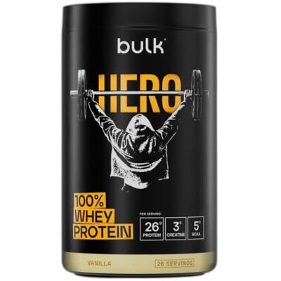 Bulk Hero Whey Protein Powder, Vanilla 26 Servings, 26g Protein + 3g Creatine, 5g BCAAs, Low Sugar, Fast Absorption, Isolate, Hydrolysed & Concentrate Blend Bulk Hero Whey Protein Powder, Vanilla 26 Servings, 26g Protein + 3g Creatine, 5g BCAAs, Low Sugar, Fast Absorption, Isolate, Hydrolysed & Concentrate Blend