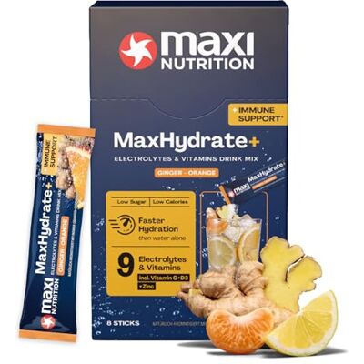 MaxiNutrition MaxNutrition MaxHydrate+ Immun Elektrolyte 8 Sticks á 1.389 mg Elektrolyten, Vitamin C + D3 & Zink, Isotonisches Getränkepulver, Besseren Versorgung mit Flüssigkeit, Ginger Orange, Vitamin Drink MaxiNutrition MaxNutrition MaxHydrate+ Immun Elektrolyte 8 Sticks á 1.389 mg Elektrolyten, Vitamin C + D3 & Zink, Isotonisches Getränkepulver, Besseren Versorgung mit Flüssigkeit, Ginger Orange, Vitamin Drink