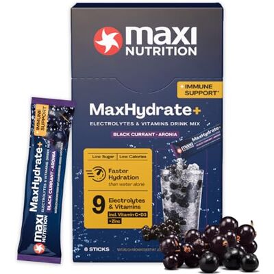MaxiNutrition MaxNutrition MaxHydrate+ Immun Elektrolyte 8 Sticks á 1.389 mg Elektrolyten, Vitamin C + D3 & Zink, Isotonisches Getränkepulver, Bessere Versorgung mit Flüssigkeit, Blackcurrant Aronia, Vitamin Drink MaxiNutrition MaxNutrition MaxHydrate+ Immun Elektrolyte 8 Sticks á 1.389 mg Elektrolyten, Vitamin C + D3 & Zink, Isotonisches Getränkepulver, Bessere Versorgung mit Flüssigkeit, Blackcurrant Aronia, Vitamin Drink