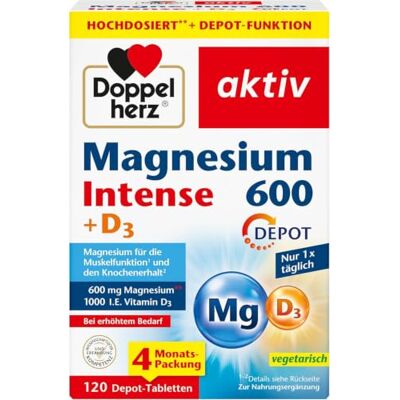 Doppelherz Magnesium 600 Intense DEPOT 600 mg hochdosiertes Magnesium + 1000 I.E. Vitamin D pro Tablette 120 DEPOT-Tabletten Doppelherz Magnesium 600 Intense DEPOT 600 mg hochdosiertes Magnesium + 1000 I.E. Vitamin D pro Tablette 120 DEPOT-Tabletten