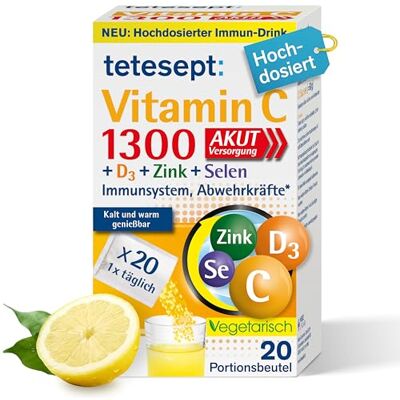 tetesept Vitamin C 1300 mg Akut, Immunsystem, Sachets, 20 Stück Immunsystem, hochdosiert mit Zink, Selen & D3, Zitronengeschmack, vegetarisch, laktosefrei, glutenfrei tetesept Vitamin C 1300 mg Akut, Immunsystem, Sachets, 20 Stück Immunsystem, hochdosiert mit Zink, Selen & D3, Zitronengeschmack, vegetarisch, laktosefrei, glutenfrei
